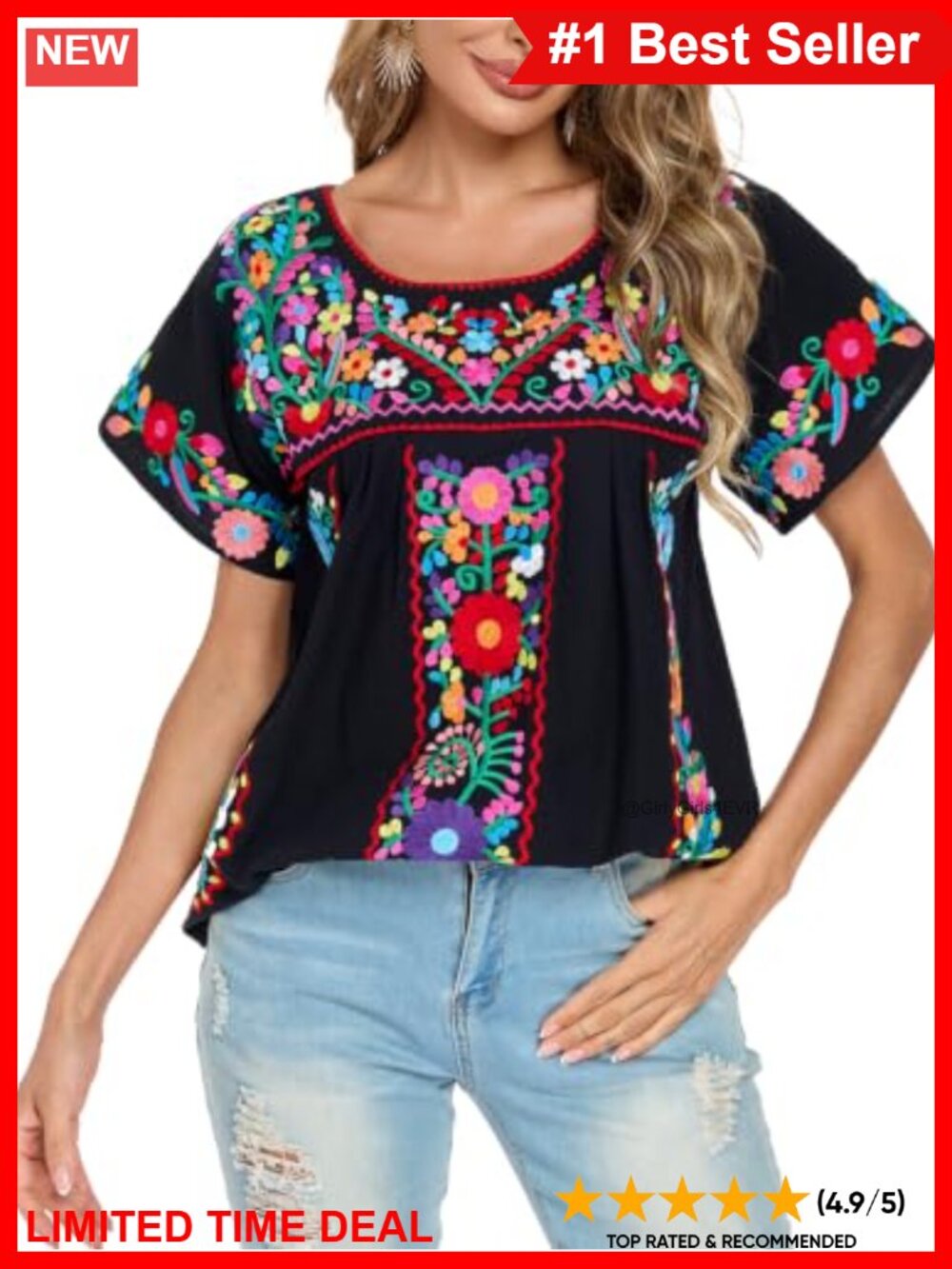 100% Cotton Embroidered Peasant Blouse Boho Tunic Short Sleeve